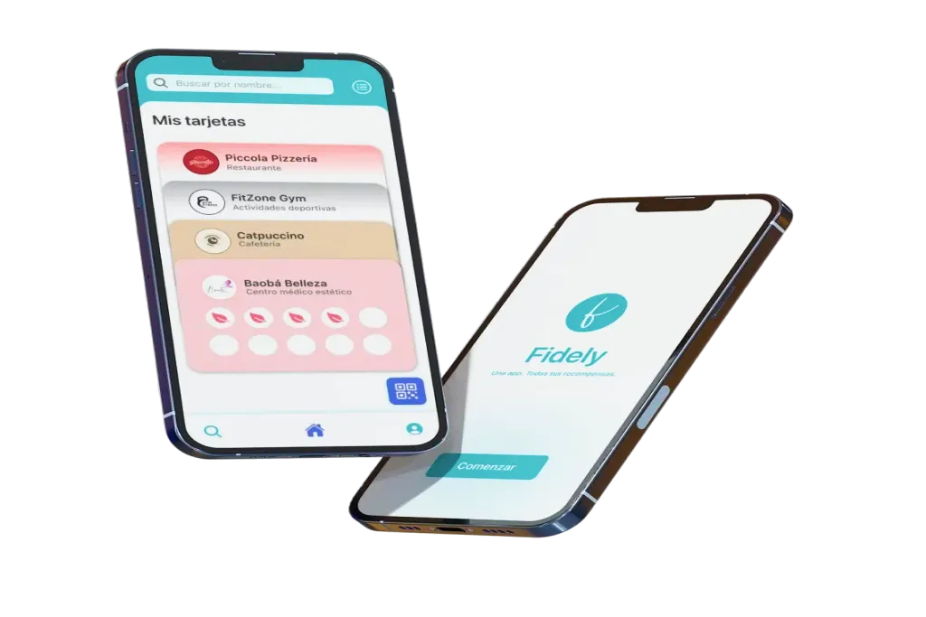 Dos teléfonos mostrando las tarjetas y la pantalla de inicio de Fidely