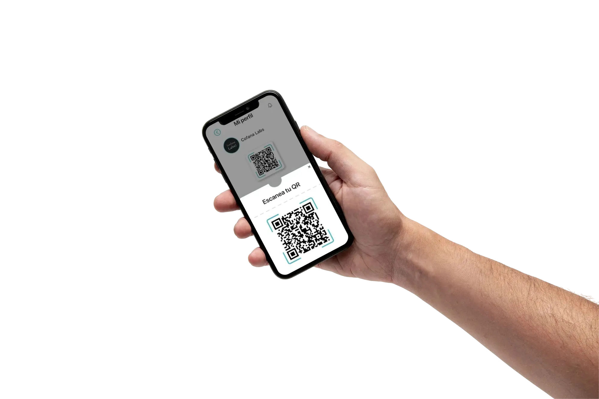 Una mano sostiene Fidely mostrando un código QR